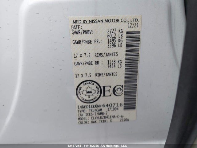 1N6ED1EK6NN640716 Nissan Frontier S/sv/pro-4x