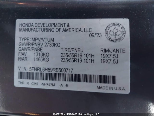 Aukcja sprzedaży 2024 Honda Odyssey Touring, vin: 5FNRL6H89RB500717, numer aukcji: 12457252