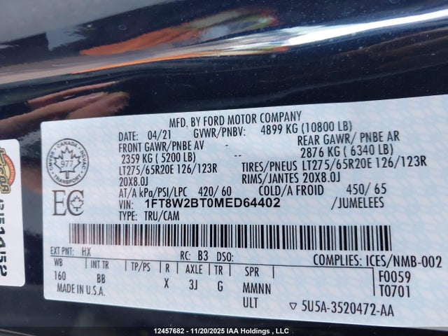 Aukcja sprzedaży 2021 Ford F250 Super Duty, vin: 1FT8W2BT0MED64402, numer aukcji: 12457682