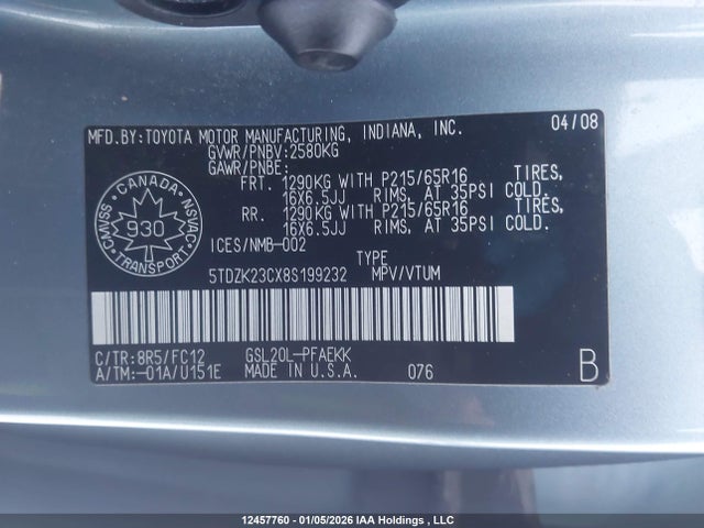 Продаж на аукціоні авто 2008 Toyota Sienna Le 7 Passenger, vin: 5TDZK23CX8S199232, номер лоту: 12457760