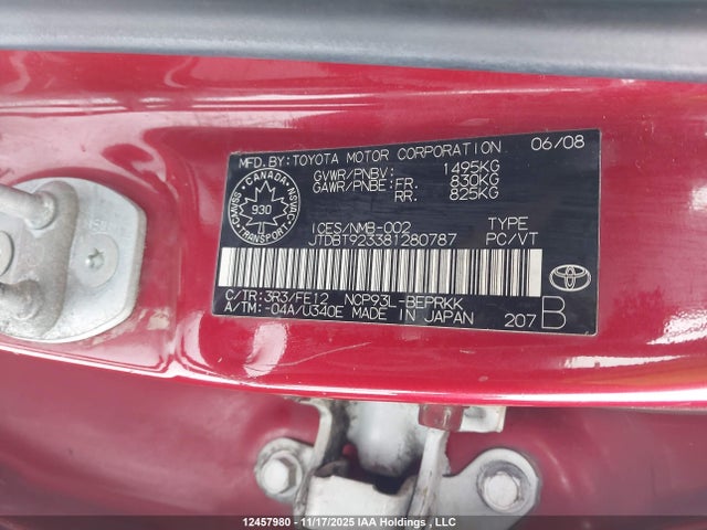 2008 Toyota Yaris მანქანა იყიდება აუქციონზე, vin: JTDBT923381280787, აუქციონის ნომერი: 12457980