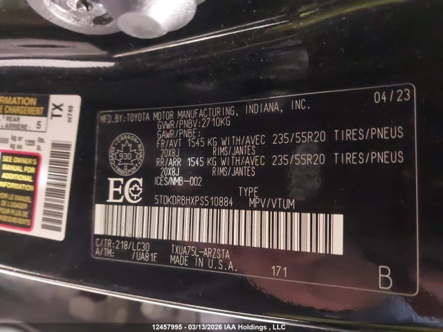 5TDKDRBHXPS510884 Toyota Highlander L/le/xle/limited/platinum/xse