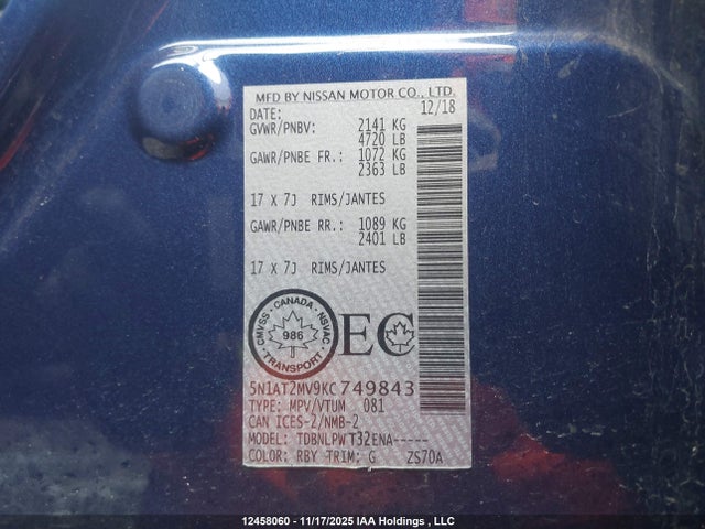 Aukcja sprzedaży 2019 Nissan Rogue S/sl/sv, vin: 5N1AT2MV9KC749843, numer aukcji: 12458060