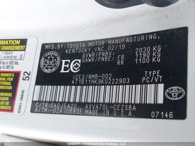 4T1B11HK9KU222903 Toyota Camry L/le/xle/se/xse