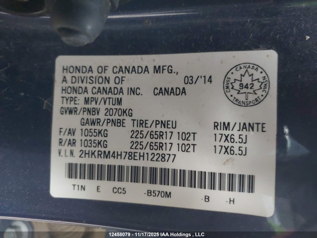2HKRM4H78EH122877 Honda Cr-v Ex-l