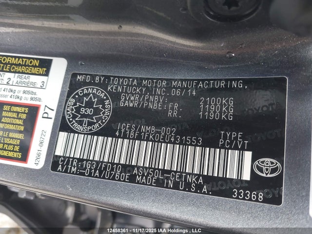 Aukcja sprzedaży 2014 Toyota Camry Le, vin: 4T1BF1FK0EU431553, numer aukcji: 12458361