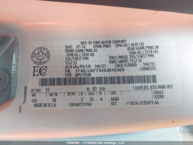 2017 Ford Escape S მანქანა იყიდება აუქციონზე, vin: 1FMCU0F7XHUB10365, აუქციონის ნომერი: 12458399