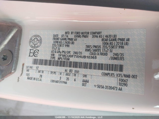 2017 Ford Escape S მანქანა იყიდება აუქციონზე, vin: 1FMCU0F7XHUB10365, აუქციონის ნომერი: 12458399