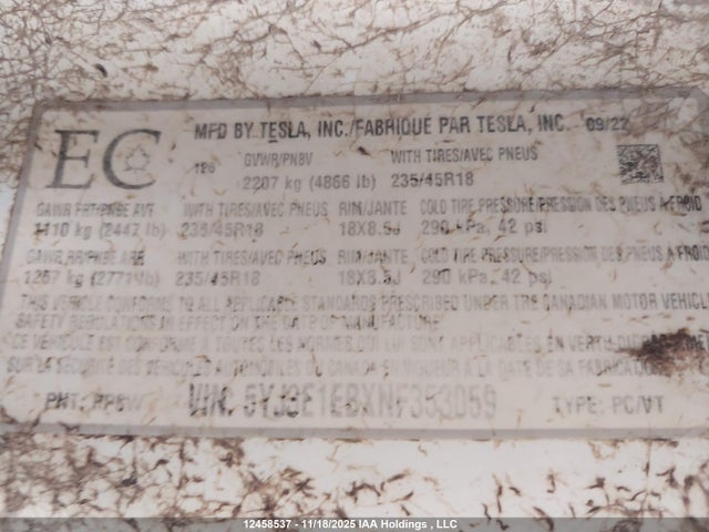 5YJ3E1EBXNF353059 Tesla MODEL 3