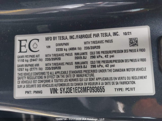 5YJ3E1EC8MF093655 Tesla MODEL 3