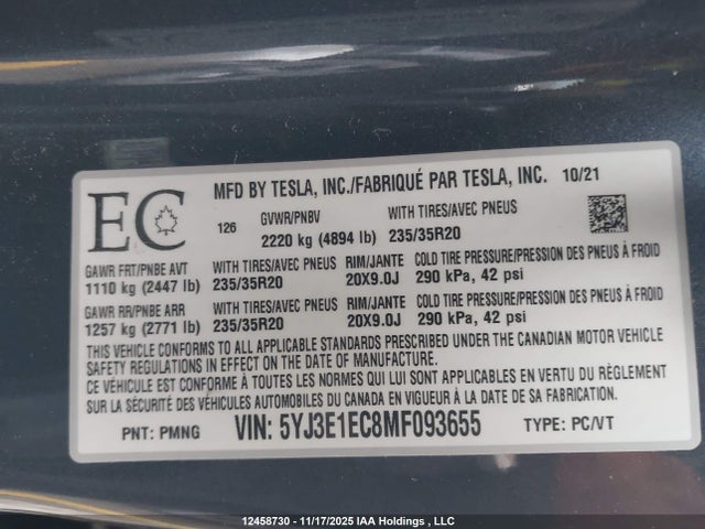 5YJ3E1EC8MF093655 Tesla MODEL 3