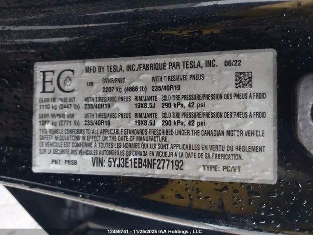 Tesla MODEL 3 2022 5YJ3E1EB4NF277192 Image 9
