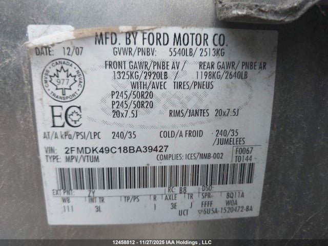 Aukcja sprzedaży 2008 Ford Edge Limited, vin: 2FMDK49C18BA39427, numer aukcji: 12458812