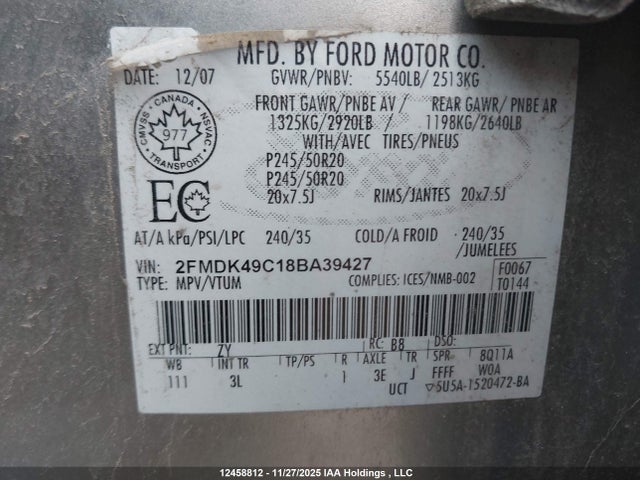 Aukcja sprzedaży 2008 Ford Edge Limited, vin: 2FMDK49C18BA39427, numer aukcji: 12458812