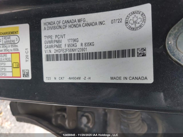 Aukcja sprzedaży 2022 Honda Civic, vin: 2HGFE2F56NH123901, numer aukcji: 12458845
