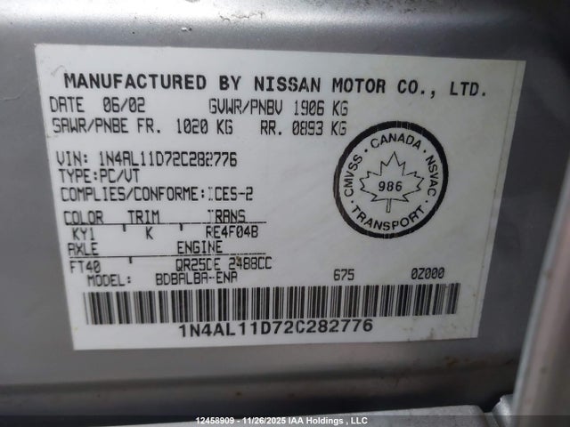 Продажа на аукционе авто 2002 Nissan Altima S/sl, vin: 1N4AL11D72C282776, номер лота: 12458909