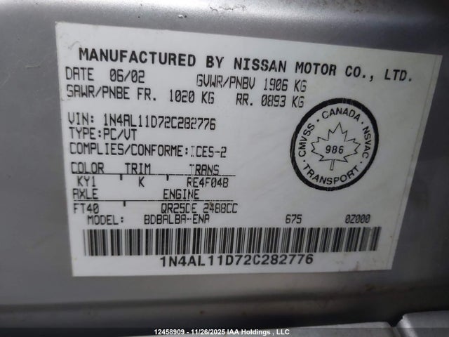 Продажа на аукционе авто 2002 Nissan Altima S/sl, vin: 1N4AL11D72C282776, номер лота: 12458909