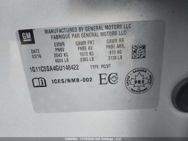 Продажа на аукционе авто 2016 Chevrolet Malibu Limited Lt, vin: 1G11C5SA4GU148422, номер лота: 12458926