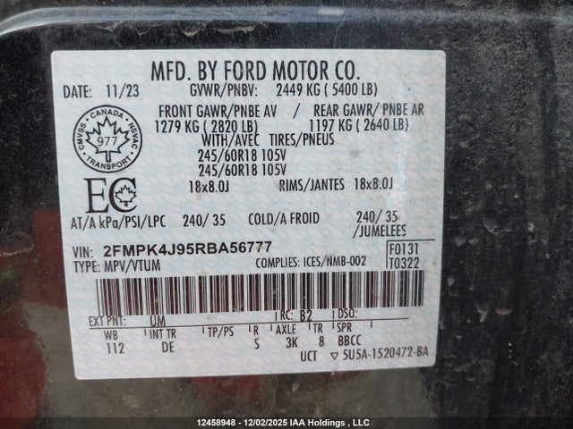 2FMPK4J95RBA56777 Ford EDGE SEL