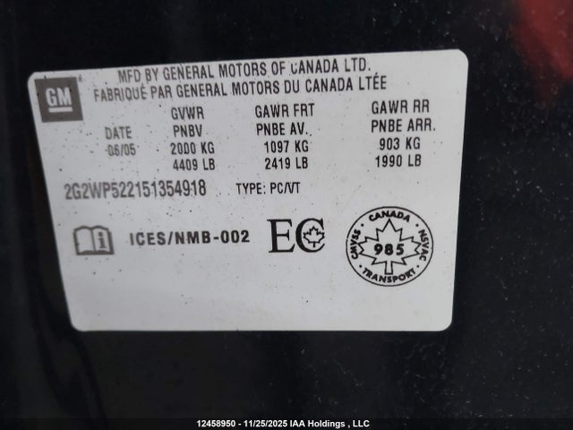12458950 :رقم المزاد ، 2G2WP522151354918 vin ، 2005 Pontiac Grand Prix مزاد بيع