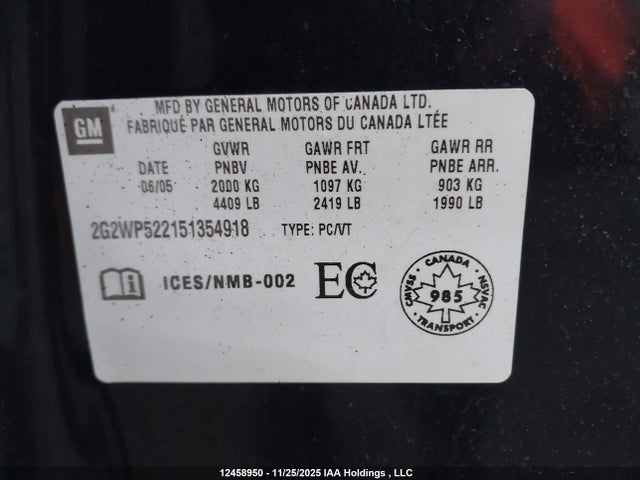 12458950 :رقم المزاد ، 2G2WP522151354918 vin ، 2005 Pontiac Grand Prix مزاد بيع