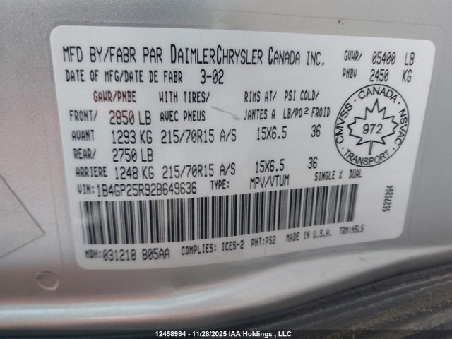 12458984 :رقم المزاد ، 1B4GP25R92B649636 vin ، 2002 Dodge Caravan Se مزاد بيع