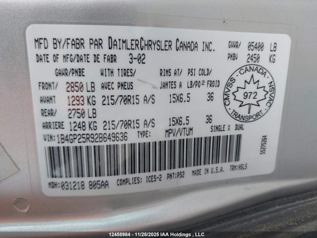 12458984 :رقم المزاد ، 1B4GP25R92B649636 vin ، 2002 Dodge Caravan Se مزاد بيع
