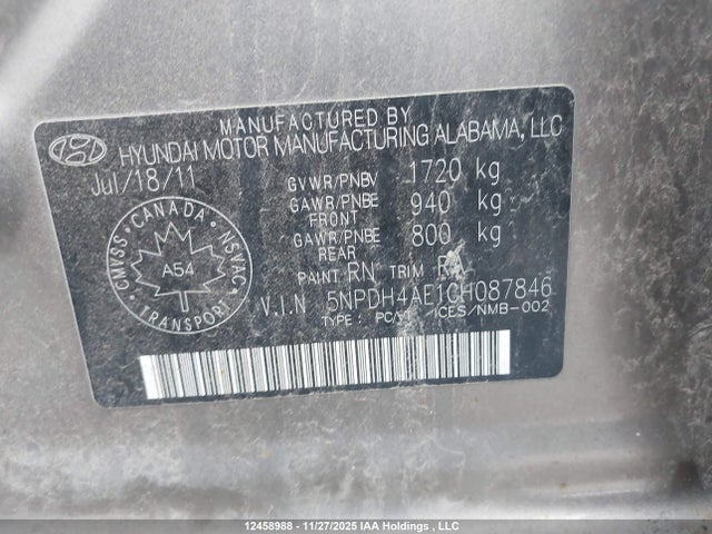 Aukcja sprzedaży 2012 Hyundai Elantra Gls/limited, vin: 5NPDH4AE1CH087846, numer aukcji: 12458988