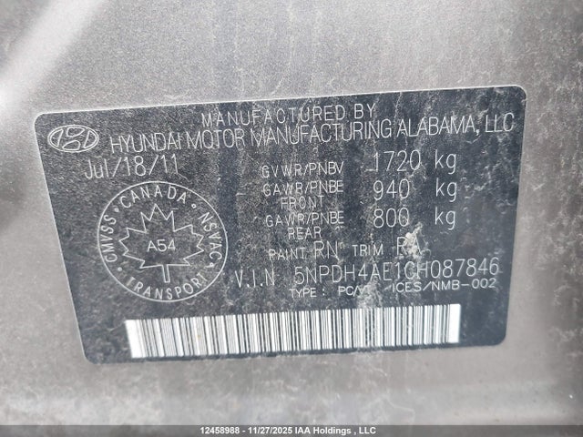 Aukcja sprzedaży 2012 Hyundai Elantra Gls/limited, vin: 5NPDH4AE1CH087846, numer aukcji: 12458988