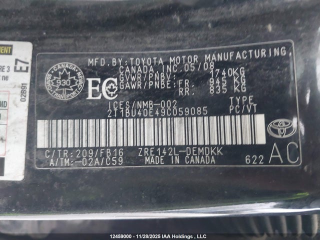 Продаж на аукціоні авто 2009 Toyota Corolla S/le/xle, vin: 2T1BU40E49C059085, номер лоту: 12459000