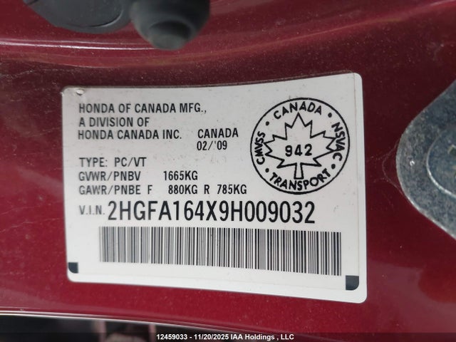 2009 Honda Civic Dx-g მანქანა იყიდება აუქციონზე, vin: 2HGFA164X9H009032, აუქციონის ნომერი: 12459033