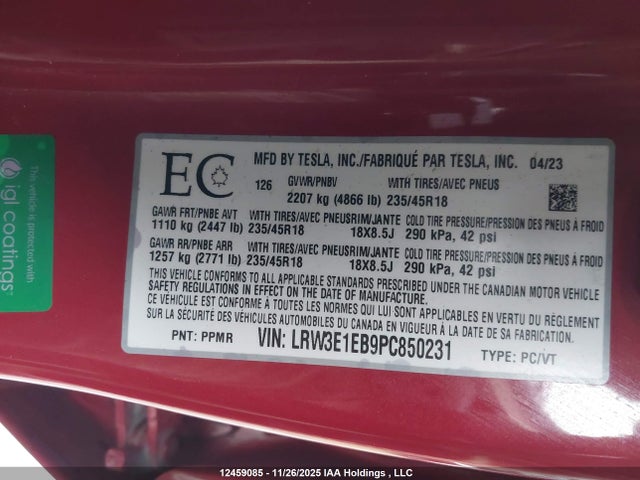 LRW3E1EB9PC850231 Tesla Model 3 Long Range