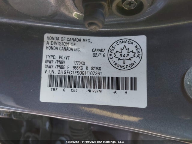 Honda Civic 2016 2HGFC1F90GH107361 Image 9