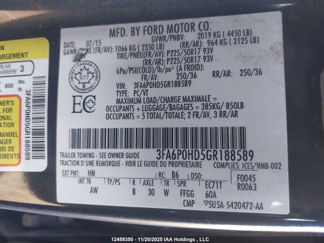 Ford FUSION SE 2016 3FA6P0HD5GR188589 Image 9