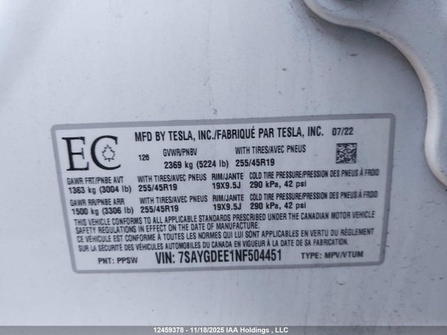 Aukcja sprzedaży 2022 Tesla Model Y, vin: 7SAYGDEE1NF504451, numer aukcji: 12459378