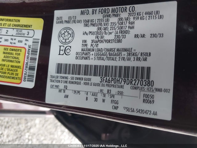 Aukcja sprzedaży 2013 Ford Fusion Se, vin: 3FA6P0H79DR270380, numer aukcji: 12459383