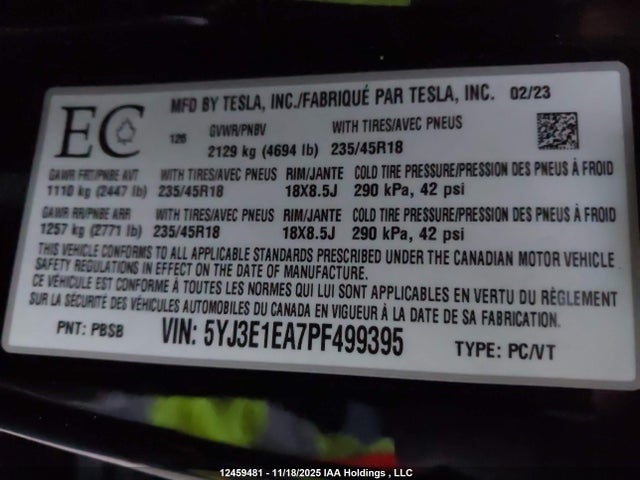 Auction sale of the 2023 Tesla Model 3, vin: 5YJ3E1EA7PF499395, lot number: 12459481