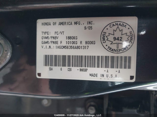 Aukcja sprzedaży 2006 Honda Accord Se, vin: 1HGCM56356A801317, numer aukcji: 12459509