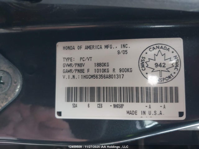 Aukcja sprzedaży 2006 Honda Accord Se, vin: 1HGCM56356A801317, numer aukcji: 12459509
