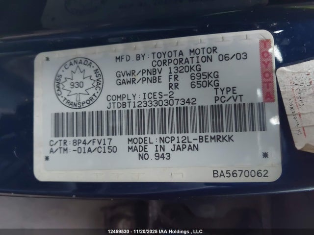 2003 Toyota Echo მანქანა იყიდება აუქციონზე, vin: JTDBT123330307342, აუქციონის ნომერი: 12459530