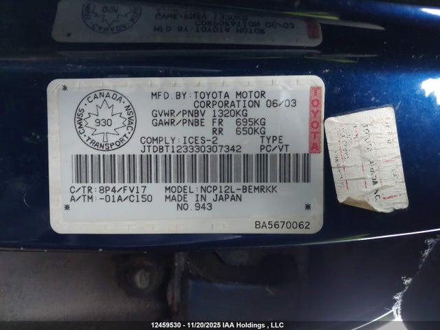 2003 Toyota Echo მანქანა იყიდება აუქციონზე, vin: JTDBT123330307342, აუქციონის ნომერი: 12459530