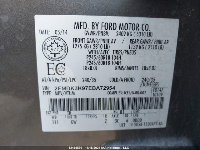 12459596 :رقم المزاد ، 2FMDK3K97EBA72954 vin ، 2014 Ford Edge Limited مزاد بيع