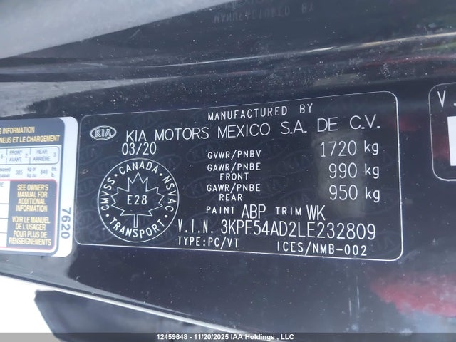 12459648 :رقم المزاد ، 3KPF54AD2LE232809 vin ، 2020 Kia Forte Ex مزاد بيع