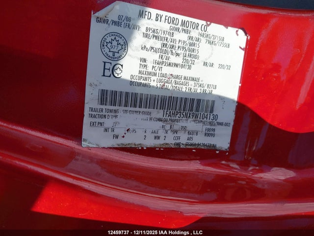 12459737 :رقم المزاد ، 1FAHP35NX9W104130 vin ، 2009 Ford Focus مزاد بيع