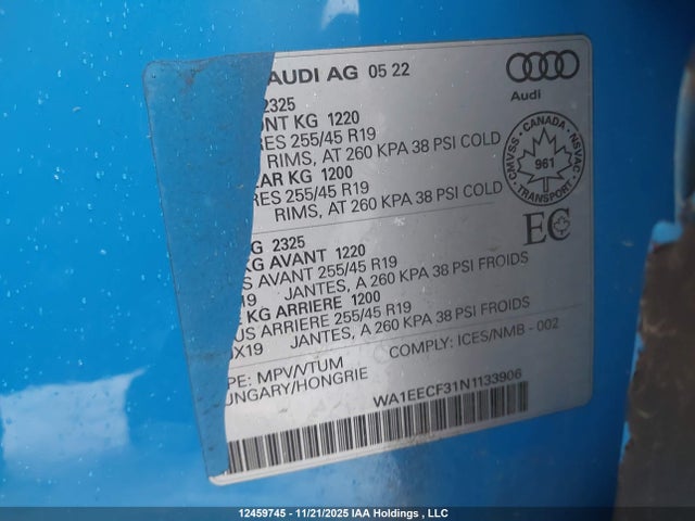 Продажа на аукционе авто 2022 Audi Q3, vin: WA1EECF31N1133906, номер лота: 12459745