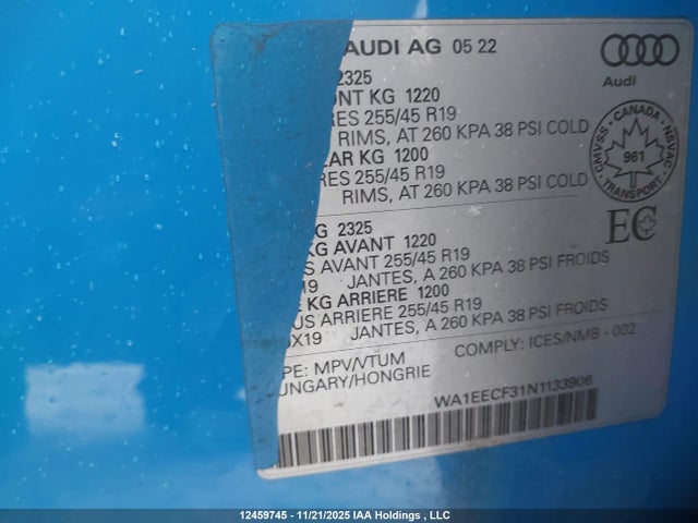 Продажа на аукционе авто 2022 Audi Q3, vin: WA1EECF31N1133906, номер лота: 12459745