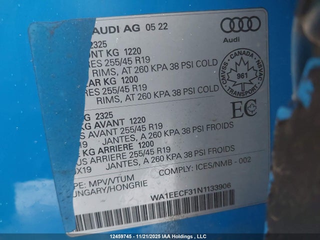 Продажа на аукционе авто 2022 Audi Q3, vin: WA1EECF31N1133906, номер лота: 12459745