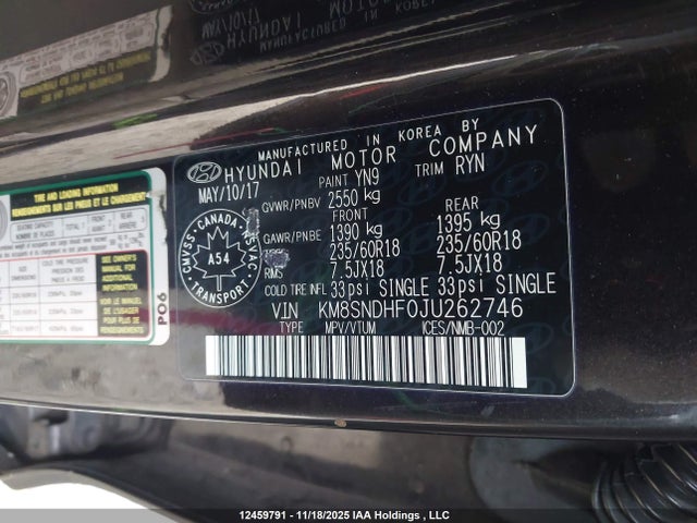 KM8SNDHF0JU262746 Hyundai Santa Fe Xl Luxury
