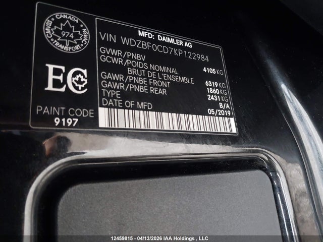 Aukcja sprzedaży 2019 Mercedes-benz Sprinter 2500 High Roof V6, vin: WDZBF0CD7KP122984, numer aukcji: 12459815