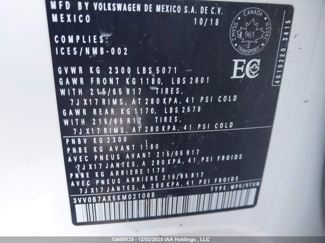 12459835 :رقم المزاد ، 3VV0B7AX5KM021068 vin ، 2019 Volkswagen Tiguan Trendline مزاد بيع